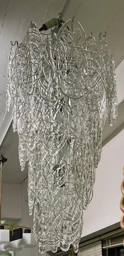 AV Mazzega 2 Grand Italian Midcentury Modern Cascading Clear Murano Glass Chandeliers 1970