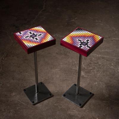 Aaron Lyons Contemporary Glass Mosaic Drinks Tables in Purpleheart and Raw Steel