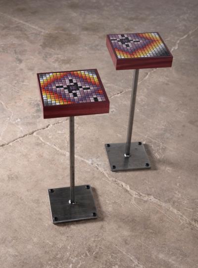 Aaron Lyons Contemporary Glass Mosaic Drinks Tables in Purpleheart and Raw Steel