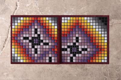 Aaron Lyons Contemporary Glass Mosaic Drinks Tables in Purpleheart and Raw Steel