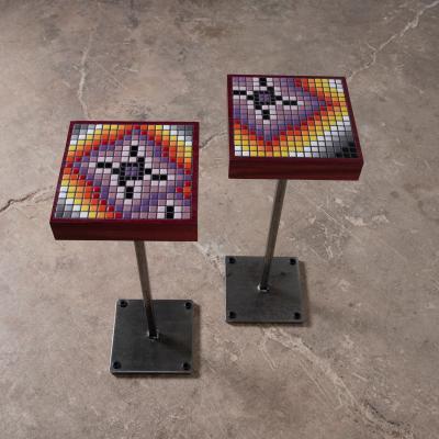 Aaron Lyons Contemporary Glass Mosaic Drinks Tables in Purpleheart and Raw Steel