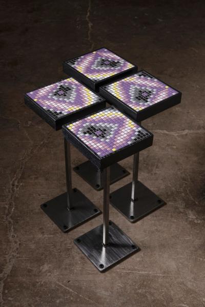 Aaron Lyons Set of 4 Glass Mosaic Drinks Tables in Lacquered Wood and Raw Steel