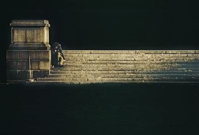 Abandoned Homeless Man on the Steps of Bryant Park Street Photography in Color