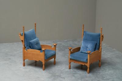 Abraham Sprij Abraham Sprij Pair of Lounge Chairs in Solid Oak and Blue Velvet 1960s