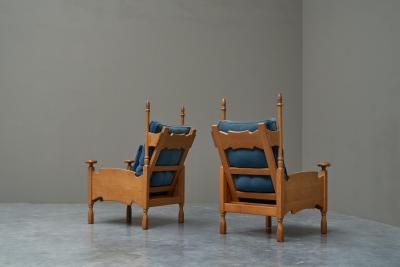 Abraham Sprij Abraham Sprij Pair of Lounge Chairs in Solid Oak and Blue Velvet 1960s