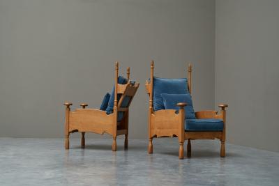Abraham Sprij Abraham Sprij Pair of Lounge Chairs in Solid Oak and Blue Velvet 1960s