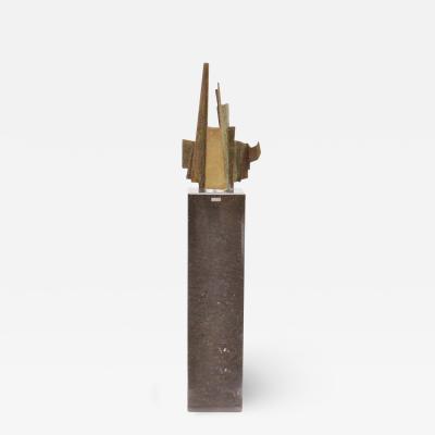 Abstract Brutalist 1980s Bronze Sculpture on Tall Black Marble Plinth