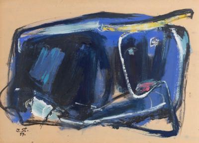 Abstract Expressionist New York School Blue Bull Painting Signed and Dated 1959