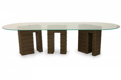 Abstract Geometric Three Metal Pedestal Seeded Glass Top Dining Table