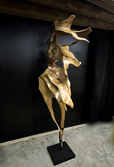 Abstract Mahogany Root Sculpture Laquered on Black Metal Stand 2022