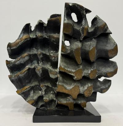 Abstract Modern Brutalist Bronze Sculpture Verdigris Signed