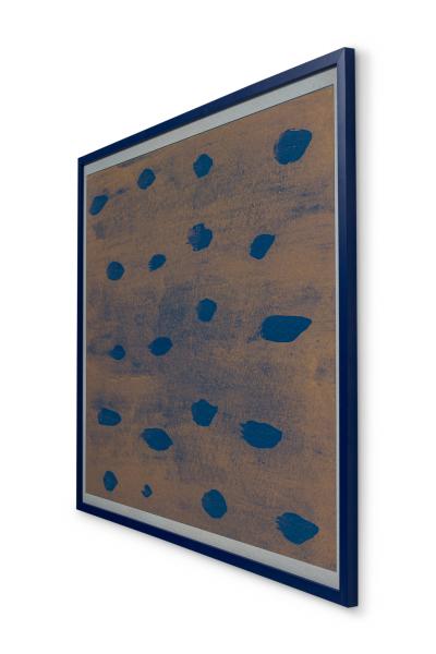 Abstract Print with Grey and Navy Blue Dots on Orange Background