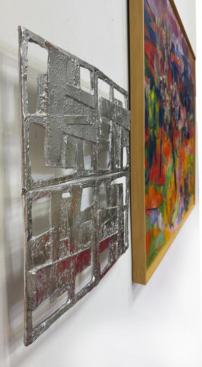 Abstract Vintage Brutalist Cast Metal Wall Sculptures Pair