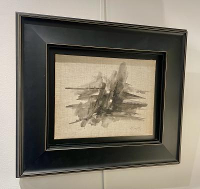 Abstract ink wash on linen panel by Jean Signovert France 1979 