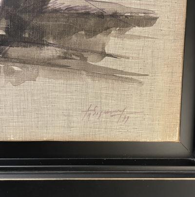 Abstract ink wash on linen panel by Jean Signovert France 1979 