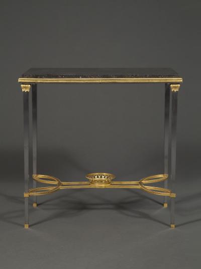Adam Weisweiler AN EXQUISITE STEEL AND GILT BRONZE CENTER TABLE WITH FOSSIL MARBLE TOP