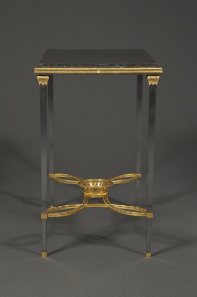 Adam Weisweiler AN EXQUISITE STEEL AND GILT BRONZE CENTER TABLE WITH FOSSIL MARBLE TOP
