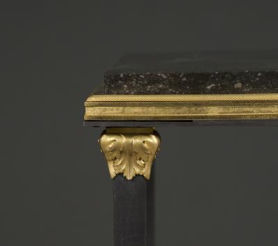 Adam Weisweiler AN EXQUISITE STEEL AND GILT BRONZE CENTER TABLE WITH FOSSIL MARBLE TOP