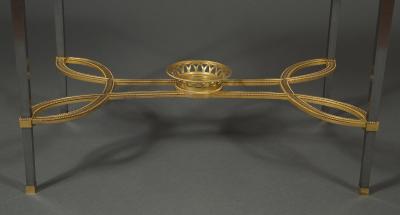 Adam Weisweiler AN EXQUISITE STEEL AND GILT BRONZE CENTER TABLE WITH FOSSIL MARBLE TOP