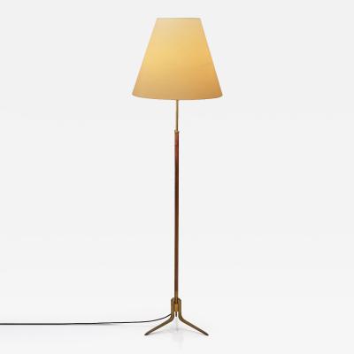 Adjustable Leather Floor Lamp with Brass Tripod Base Europe ca 1950s
