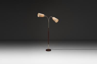 Adjustable Two Armed Wood and Brass Floor Lamp Europe ca 1940s
