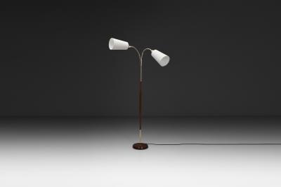 Adjustable Two Armed Wood and Brass Floor Lamp Europe ca 1940s