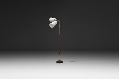 Adjustable Two Armed Wood and Brass Floor Lamp Europe ca 1940s