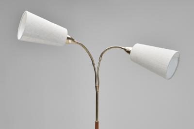 Adjustable Two Armed Wood and Brass Floor Lamp Europe ca 1940s
