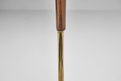 Adjustable Two Armed Wood and Brass Floor Lamp Europe ca 1940s