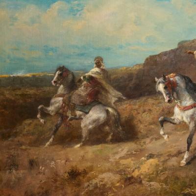 Adolphe Schreyer Large German Orientalist oil painting of horse riders by Schreyer