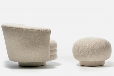 Adrian Pearsall Adrian Pearsall Post Modern Swivel Chair and Ottoman in Ivory White Boucl 