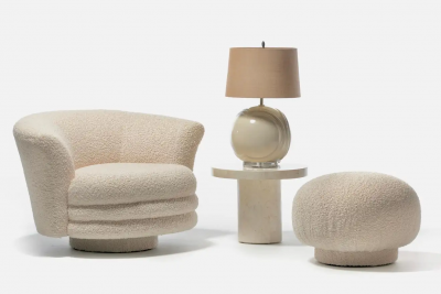 Adrian Pearsall Adrian Pearsall Post Modern Swivel Chair and Ottoman in Ivory White Boucl 