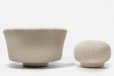Adrian Pearsall Adrian Pearsall Post Modern Swivel Chair and Ottoman in Ivory White Boucl 