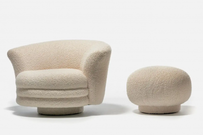 Adrian Pearsall Adrian Pearsall Post Modern Swivel Chair and Ottoman in Ivory White Boucl 