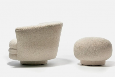 Adrian Pearsall Adrian Pearsall Post Modern Swivel Chair and Ottoman in Ivory White Boucl 