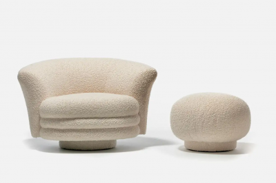 Adrian Pearsall Adrian Pearsall Post Modern Swivel Chair and Ottoman in Ivory White Boucl 