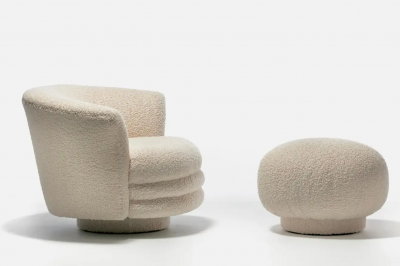 Adrian Pearsall Adrian Pearsall Post Modern Swivel Chair and Ottoman in Ivory White Boucl 