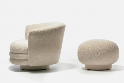 Adrian Pearsall Adrian Pearsall Post Modern Swivel Chair and Ottoman in Ivory White Boucl 
