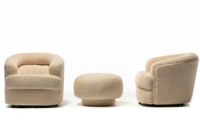Adrian Pearsall Ivory Boucl Post Modern Swivel Chairs Ottoman Attributed to Adrian Pearsall