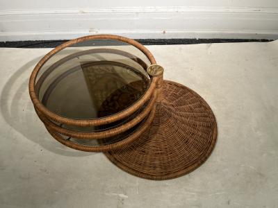 Adrian Pearsall MODERNIST TRIPLE TIER WICKER AND AMBER GLASS SWIVELING COFFEE TABLE