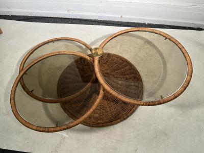 Adrian Pearsall MODERNIST TRIPLE TIER WICKER AND AMBER GLASS SWIVELING COFFEE TABLE