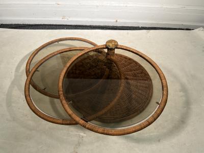 Adrian Pearsall MODERNIST TRIPLE TIER WICKER AND AMBER GLASS SWIVELING COFFEE TABLE