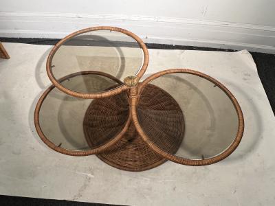 Adrian Pearsall MODERNIST TRIPLE TIER WICKER AND AMBER GLASS SWIVELING COFFEE TABLE