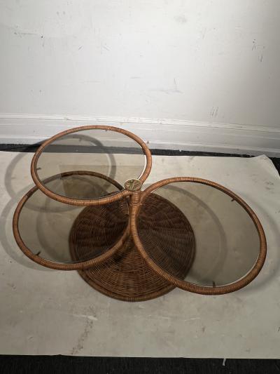 Adrian Pearsall MODERNIST TRIPLE TIER WICKER AND AMBER GLASS SWIVELING COFFEE TABLE