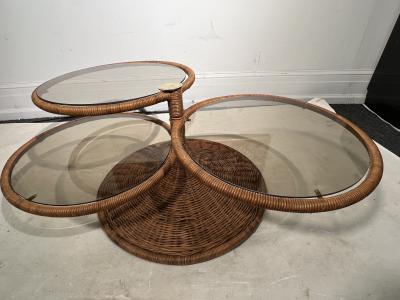 Adrian Pearsall MODERNIST TRIPLE TIER WICKER AND AMBER GLASS SWIVELING COFFEE TABLE