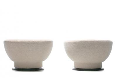 Adrian Pearsall Pair of Adrian Pearsall Swivel Lounge Chairs in Ivory Boucl with Walnut Bases