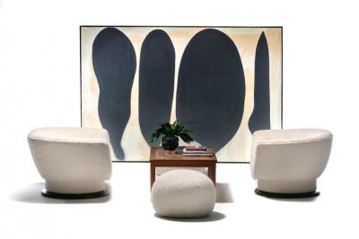 Adrian Pearsall Pair of Adrian Pearsall Swivel Lounge Chairs in Ivory Boucl with Walnut Bases
