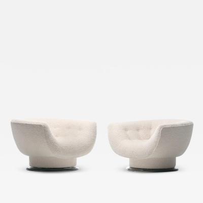 Adrian Pearsall Pair of Adrian Pearsall Swivel Lounge Chairs in Ivory Boucl with Walnut Bases