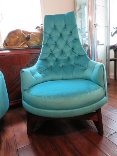 Adrian Pearsall Pair of Adrian Pearsall Tall Back Tufted Sculpted Walnut Base Lounge Chair