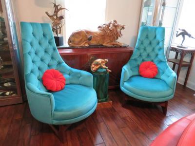 Adrian Pearsall Pair of Adrian Pearsall Tall Back Tufted Sculpted Walnut Base Lounge Chair